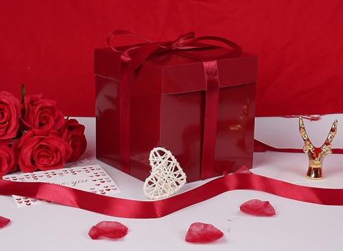 Jaywayang 5 Pack Red Gift Boxes with Lids, Ribbons and Tissue Papers Square Gift Boxes - 7.1 Inch - Christmas Presents Wra...
