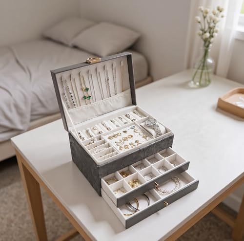 TOFUNTOY Jewelry Organizer Box, Large Jewelry Boxes for Women, 3-Layer Jewelry Holder Organizer for Necklace Earrings Ring...