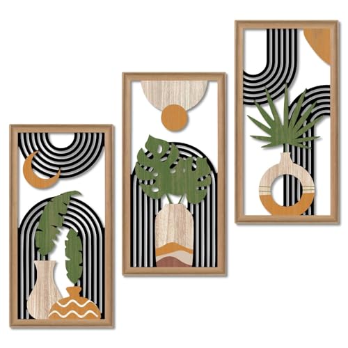 Putuo Decor Boho Abstract Wall Art Set of 3, Modern Minimalist Wooden Wall Decor, Geometric Aesthetic Botanical Artwork, M...