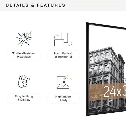 MCS Trendsetter 24x30 Poster Frame Black High-Gloss, Vertical & Horizontal Wall Hanging Large Picture Frame for Photos, Po...