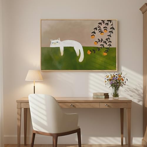 Framed Neutral and Green Wall Art for Bedroom Decor, Large Cozy Cat Canvas Painting Artwork for Room Walls, Green Picture ...