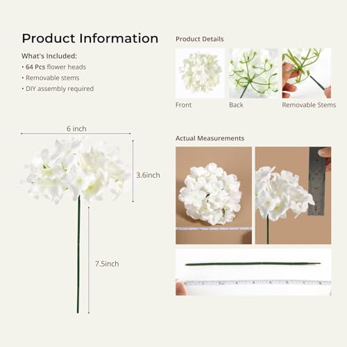 Auihiay 64 PCS Artificial Hydrangea Flowers, Silk Hydrangea Full Flowers Heads with Stems for Wedding Centerpieces, Home, ...