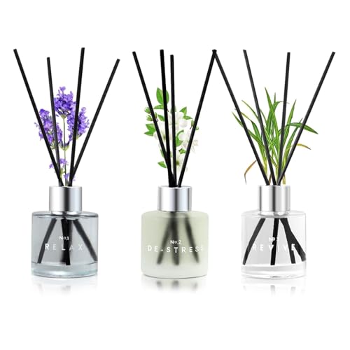 3 Pack Fragrance Reed Diffuser, 50ML Lavender Jasmine Lemongrass Aromatherapy Diffuser Set with 12 Black Fiber Sticks,Air ...
