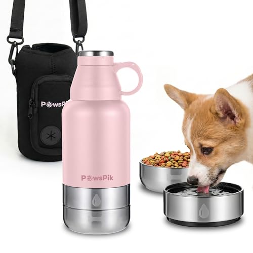 PawsPik 32oz 3-in-1 Travel Dog Water Bottle & Bowl Set – Stainless Steel Vacuum-Insulated Bottle with Detachable Food & Wa...