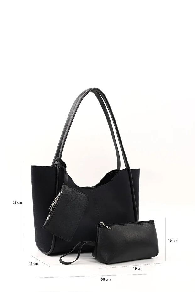 Black Suede SHK108 Women Hand And Shoulder Bag With Wallet And Makeup Bag