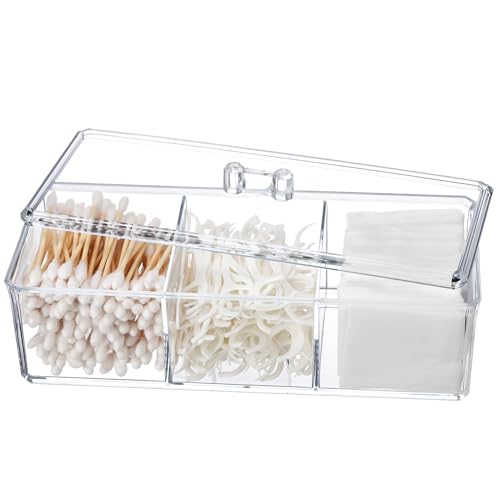 Sohalejr Qtip Holder Transparent 3 Compartments Cotton Ball and Swab Holder Organizer with Lid,Jar for Cotton Rounds,Bathr...