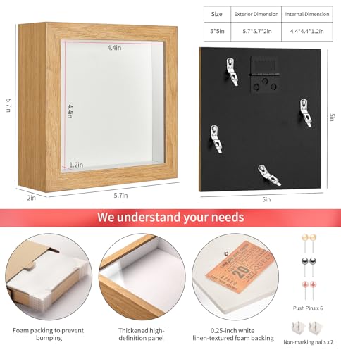 MUXIUNT 5x5 Shadow Box Picture Frame Display Case with Soft Linen Back-Thickened Panel,Small Mini Brown Deep Shadow Memory...