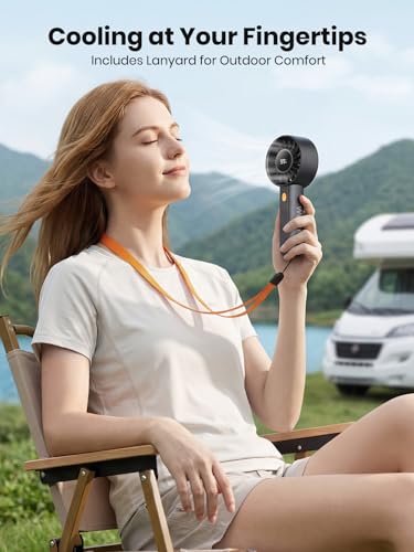 Warmco Portable Handheld Turbo Fan 5000mAh, 4-Speed Personal Mini Fan with Base & Lanyard, Smart LED Display, USB Recharge...