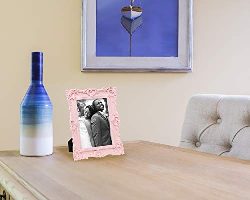 Laura Ashley 5x7 Pink Ornate Textured Hand-Crafted Resin Picture Frame with Easel & Hook for Tabletop & Wall Display, Deco...