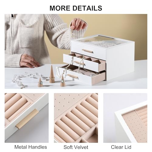 Frebeauty Clear Lid Jewelry Box,3-Layer Jewelry Organizer with Drawer,PU Leather Jewelry Organizers and Storage,Jewelry Bo...