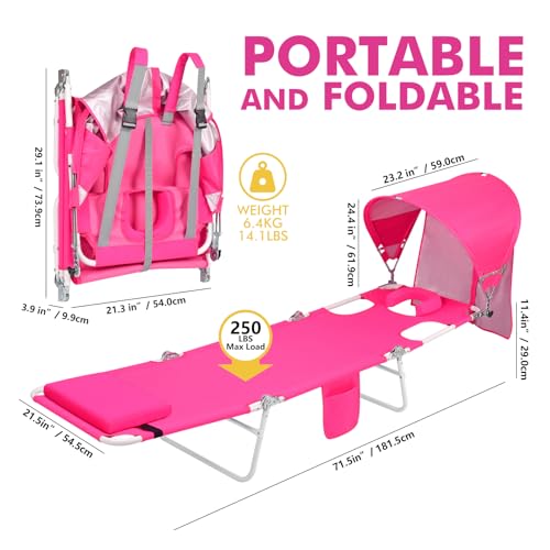 Backpack Beach Tanning Chair with Canopy Sun Shade & Face Hole, 6 Position Folding Lounge Sun Chair for Adults Outside Rea...
