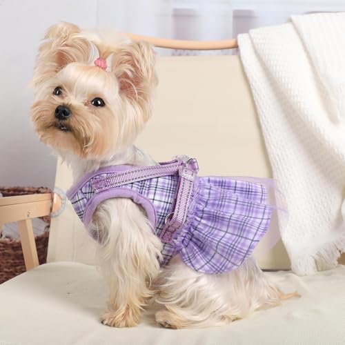 Dog Harness Dress, Plaid Dress with Leash Set, Summer Cute Pet Clothes,Girl Puppy Dresses for Girl Small Dogs, Chihuahua H...