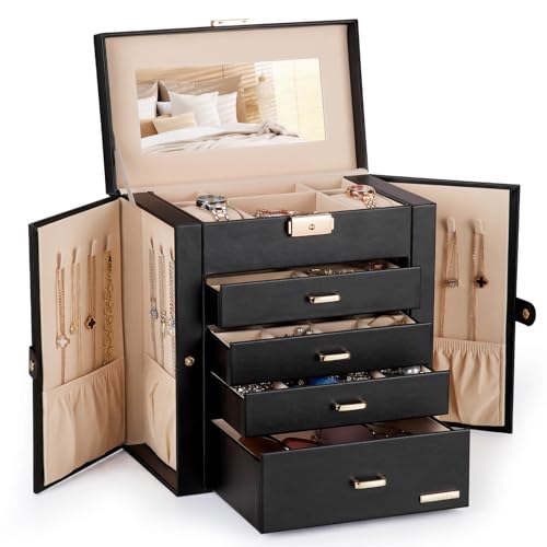 Homde Synthetic Leather Huge Jewelry Box Mirrored Watch Organizer Necklace Ring Earring Storage Lockable Gift Case (Black...