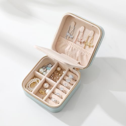 NGVRC Genuine Leather Travel Jewelry Case Organizer with Mirror for Women, Small Jewelry Box Portable Mini Jewelry Case fo...