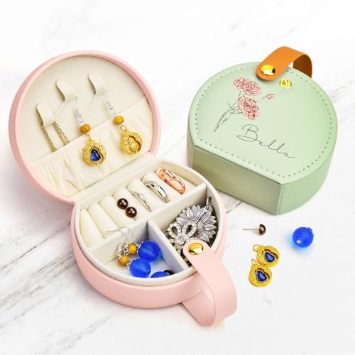 Personalized Leather Travel Jewelry Box with Name and Birth Flower for Women Gifts Custom Small Travel Jewelry Organizer C...