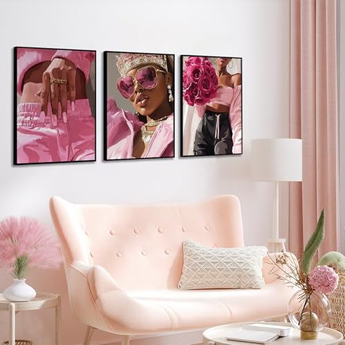 3Pcs Pink Fashion Black Woman Canvas Wall Art African American Women Wall Decor Funky Black Girl Posters prints Abstract F...