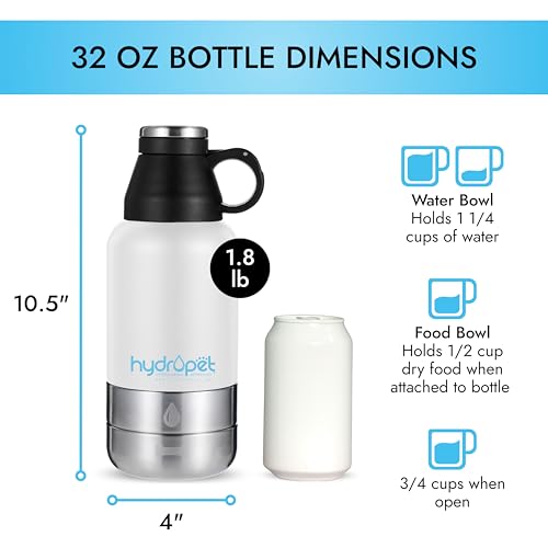 Hydropet Portable Dog Water Bottle (32 oz) - Insulated Dogs & Cats Travel Bottles, Stainless Steel - Detachable Dog Food B...