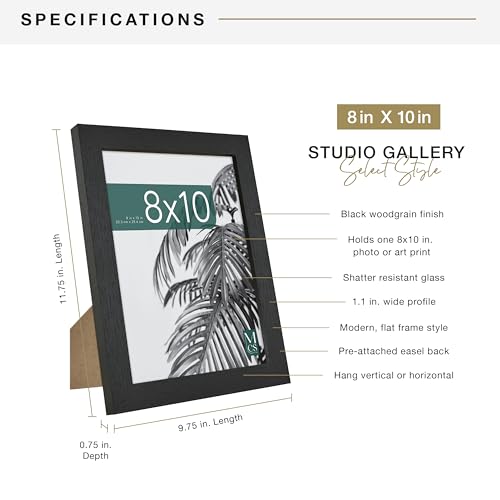 MCS Studio Gallery 8x10 Picture Frame Black Woodgrain Engineered Wood, Vertical & Horizontal Wall Hanging & Easel for Tapl...