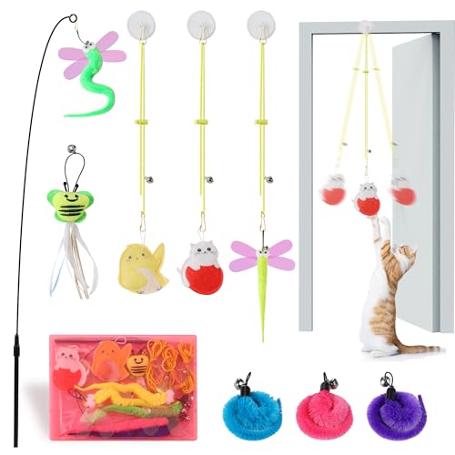 Janbenty Interactive Cat Toys, 8 Assorted Teaser Refills, 3 Indoor Cat Hanging Toy and 1 Interactive Wand Suitable for Ind...