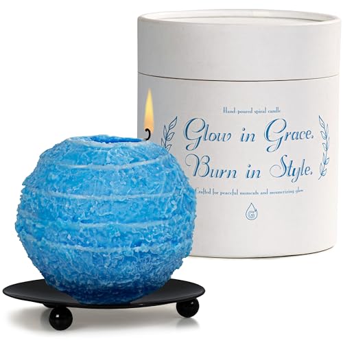 Spiral Candle Burn Around, Unscented Unique Shaped Decorative Candle on Metal Base, 4.5" Blue Beeswax Soy Wax Candle, 4h B...