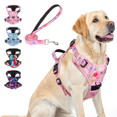 BEAUTYZOO No Pull Dog Harness and Leash Set with 2 Metal Leash Clips - Overhead-Free 3 Snap Buckles Design, Adjustable No-...