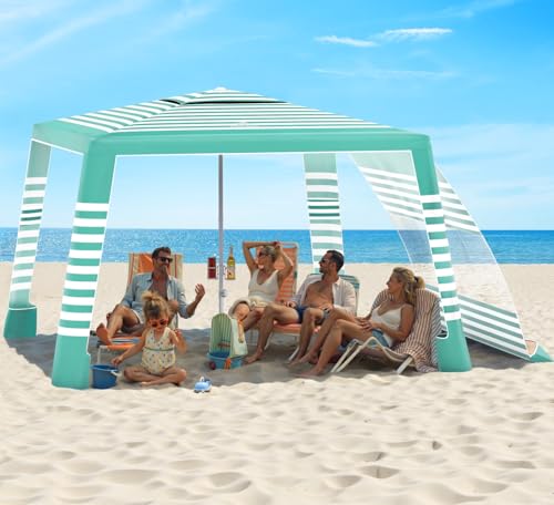 Rhino Valley Beach Cabana, 8 * 8FT Beach Tent UPF50+ Protection, Easy Setup Beach Canopy Wind Resistant with Cup Holder, C...