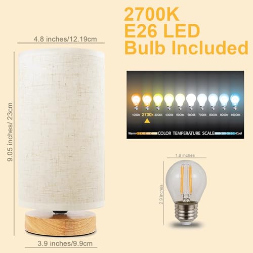Small Bedside Table Lamp for Bedroom, Minimalist Wood Base & Round Fabric Shade, Mini Cute Cozy Warm White Nightstand Boho...