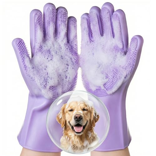 DELOMO Pet Grooming Gloves 1 Pair: Soft and Gentle Silicone Dog Washing Gloves - Bathing Scrubber Brush Mitt Grooming Shed...