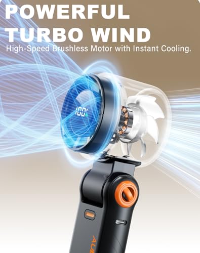 AUIIAH Portable Handheld Turbo Fan - 5 Speed Mini Personal Fan with Strong Airflow, Foldable 3 in 1 Rechargeable Battery O...