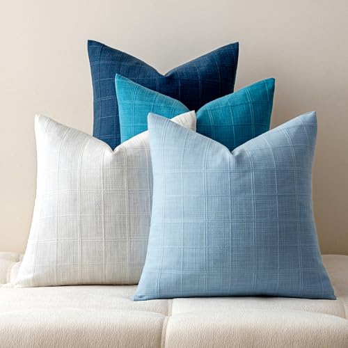 Aesthaboho Blue Linen Pillow Covers Set of 4, Decorative Plaid Throw Pillow Covers 20 x 20 Inch, Boho Cushion Soft Neutral...