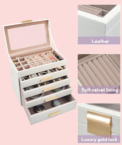 Irosiy 5 Layer Jewelry Box for Women, Glass Lid Jewelry Organizer with 5 Drawers for Necklaces Rings Earrings Bracelets(Pe...