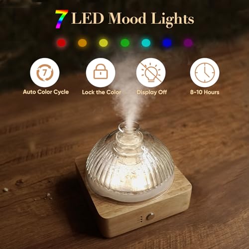 Glass Dome Essential Oil Diffuser with Glass Reservoir & Wood Base-No Plastic, 200ml Ultrasonic Diffuser for Aromatherapy ...