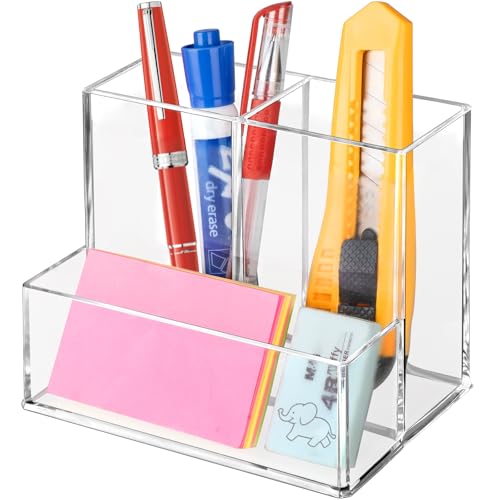 Banafich Pen Holder for Desk, Clear Acrylic Pencil Holder for Desk, Marker Holder with 3 Compartments, Pencil Organizer fo...