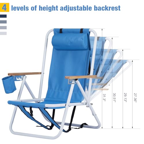Outvita Folding Beach Chair Adjustable Headrest w/4 Flexible Tilt Angle, Cup Holder Portable High Strength Cleanable Fabri...