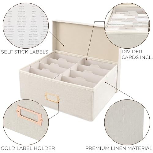 ZICOTO Decorative Photo Storage Box - Sturdy Linen Photo Organizer with Dividers is Perfect to Store Up to 1700 Pictures a...