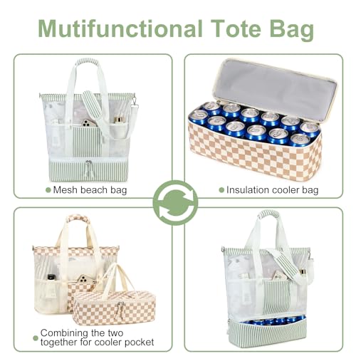Bluboon Mesh Beach Tote Bag with Cooler Compartment Insulated Detachable Picnic Bag with Zipper and Pocket Pool Bag for Women