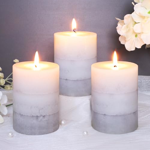 Set of 3 Scented Pillar Candles Creamy Coconut Scented 3" x 4" Long-Lasting Burn Candle White Gray Palette Pillar Candle C...
