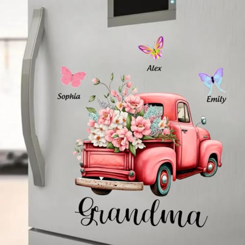 Gift for Grandma Pink Floral Truck Butterflies Sticker, Grandma Floral Butterfly Fridge Decal with Grandkids Names, Colorf...