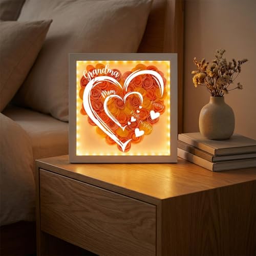XSGIFTS Personalized Mom Grandma Flower Shadow Box With LED Light, Custom Rose Heart Frame With Kids Names, Mother's Day B...