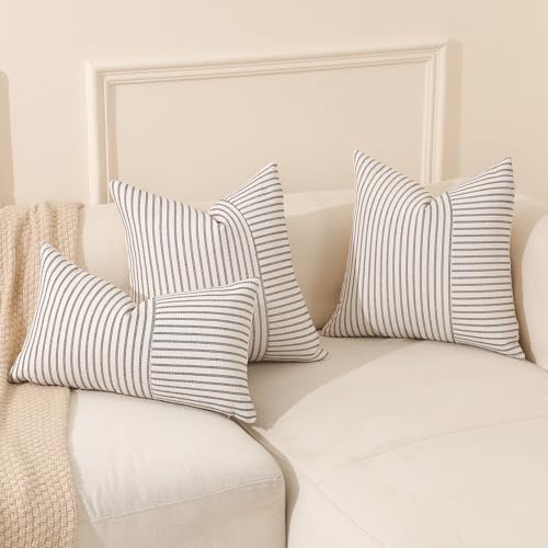 Hckot Farmhouse Pillow Covers 12x20, Lumbar Throw Pillow Covers Set of 2, Black Striped Patchwork Linen Decorative Pillows...