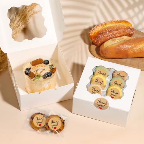 ZYFOTZUN 12 Pcs Cookie Boxes with Window, 6x6x3 Inches White Bakery Boxes, Treat Boxes with 50 Pcs Cookie Bags and 12 Pcs ...