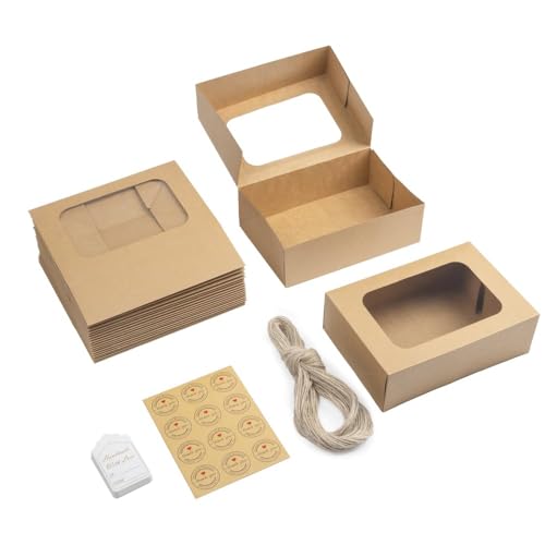 YEKTFS 24 Pcs Cookie Boxes with Window for Paper Gift Giving Brown Bakery Gift Boxes 9 x 6.3 x 3 Inch, Easy Estate Holiday...