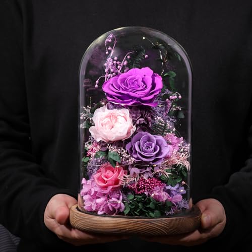 lovenfold Flowers for Delivery Preserved Flowers Rose in Glass Dome,Purple Rose Forever Flowers Birthday Gifts for Women M...