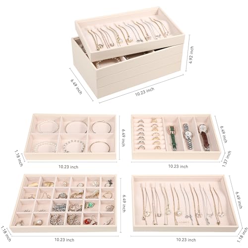 LANDICI Stackable Jewelry Organizer Trays 4 Set,PU Leather Jewelry Organizer Drawer,Jewelry Storage Display Tray for Earri...