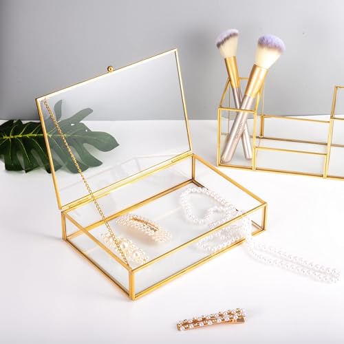 Feyarl Gold Glass Jewelry Trinket Box 5 x 7 Photo Cards Shadow Lidded Box Organizer Collection Display Case Decorative Kee...