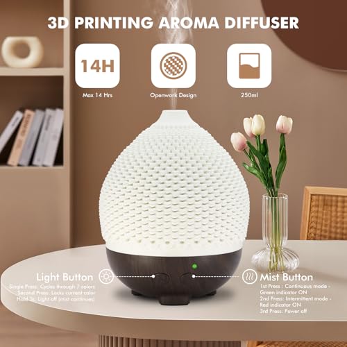 Essential Oils Diffuser Ceramic 250ml - Ultrasonic Aromatherapy Diffuser 3D Printing Dome, Cool Mist Air Freshener with 2 ...