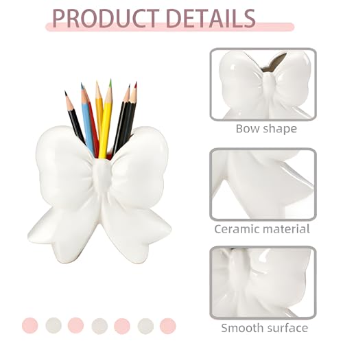 Bow Pen Holder for Desk, Coquette Ceramic Pencil Organizer Makeup Brush Holders with Bow, School Supplies Cute Office Deco...