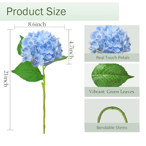 Cherica 6 Pcs Real Touch Blue Hydrangea Artificial Flowers with Stems, Fake Silk Flowers for Outdoors, Artificial Flowers ...