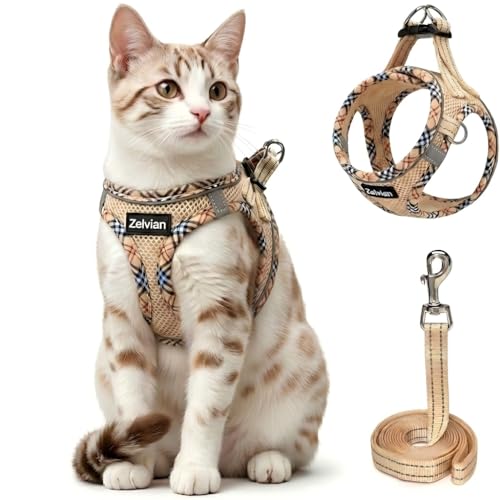 Zelvian Cat Harness and Leash Set for Walking, Escape Proof Adjustable Soft Mesh Kitten Harness with Reflective Strips, Br...