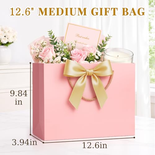 ANZNKU 2PCS Pink & Beige Gift Bags for Women, Medium Gift Bags with Handles 4 Tissue Paper 2 Ribbons 2 Cards for Her Weddi...